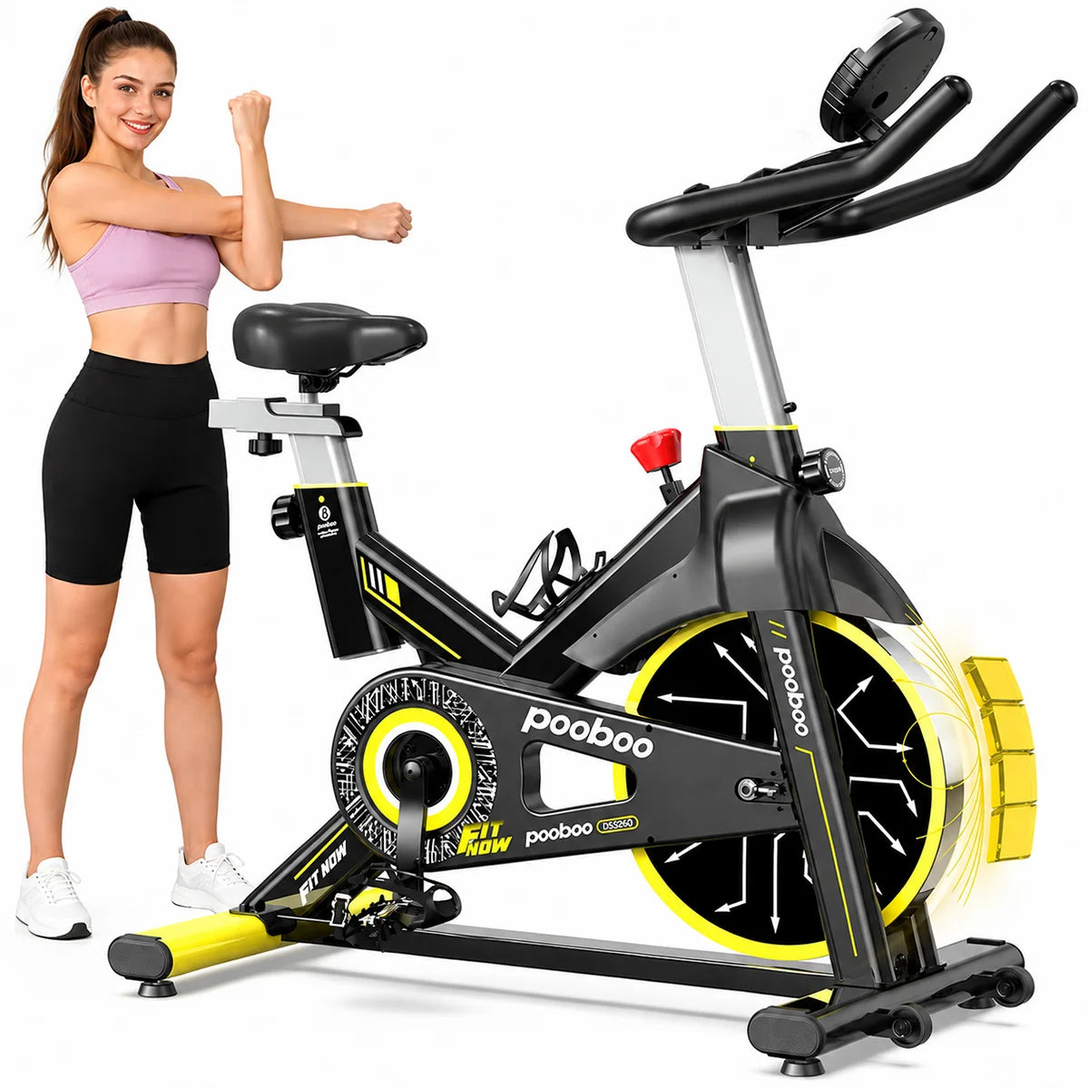 POOBOO Magnetic Stationary Exercise Bike for Home, 350 LBS Weight Capacity, Adjustable Seat & Handrail, Smooth Quiet Riding