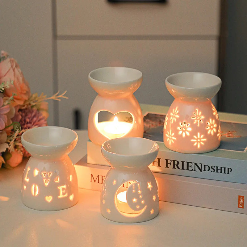 White Ceramic Incense Burner Candle Essential Oil Aromatherapy Diffuser Hollow Heating Stove Middle East Home Decor Ornament