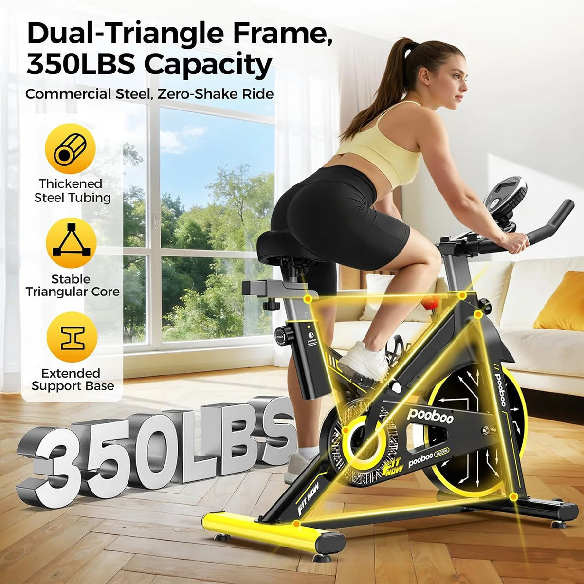 POOBOO Magnetic Stationary Exercise Bike for Home, 350 LBS Weight Capacity, Adjustable Seat & Handrail, Smooth Quiet Riding