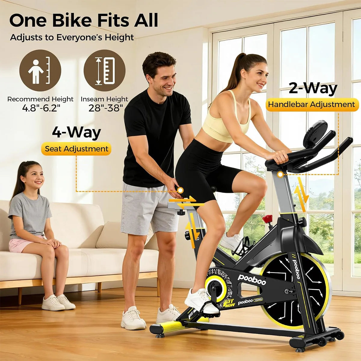 POOBOO Magnetic Stationary Exercise Bike for Home, 350 LBS Weight Capacity, Adjustable Seat & Handrail, Smooth Quiet Riding