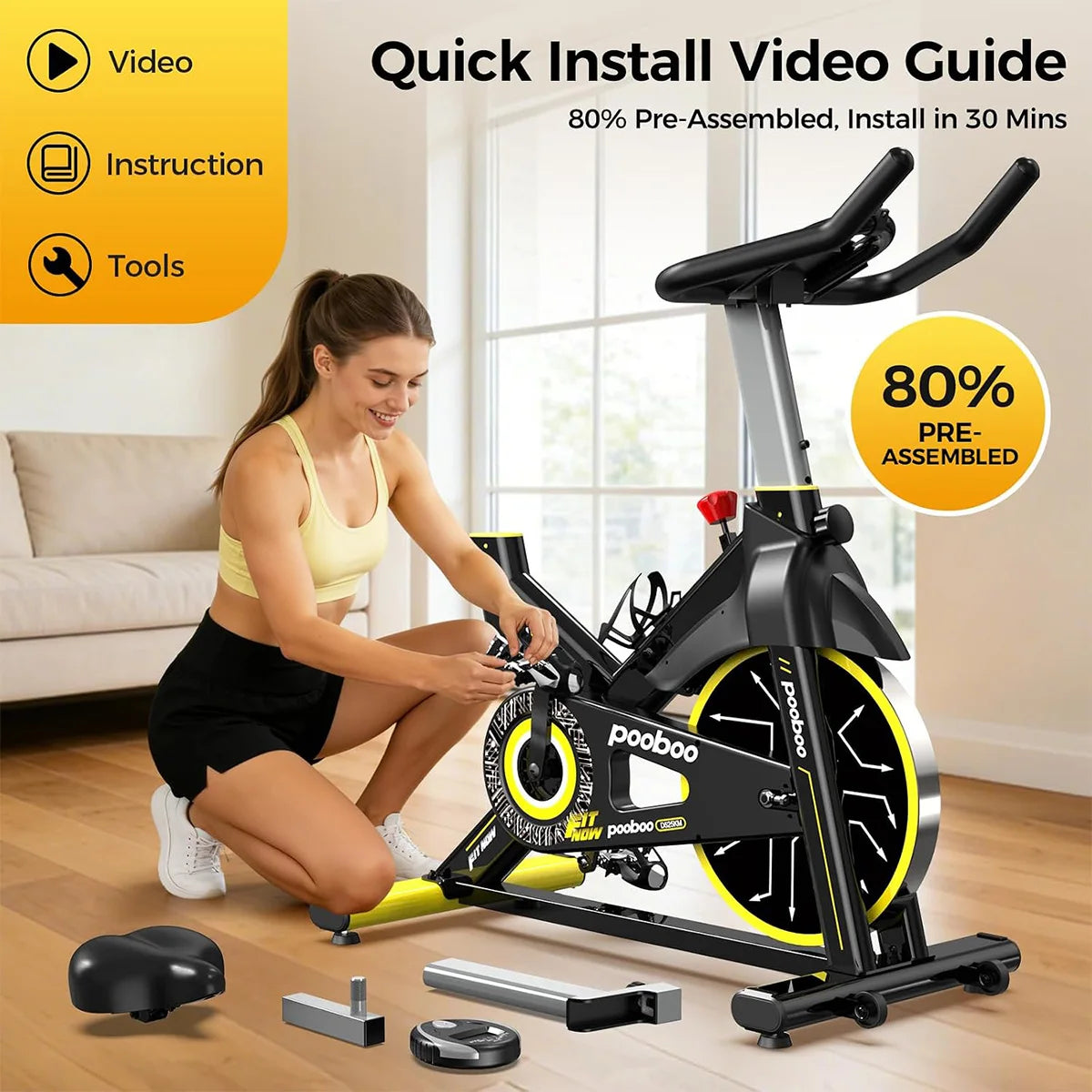 POOBOO Magnetic Stationary Exercise Bike for Home, 350 LBS Weight Capacity, Adjustable Seat & Handrail, Smooth Quiet Riding