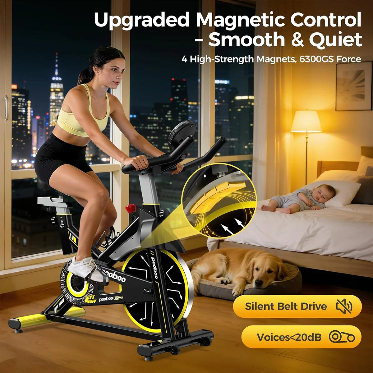 POOBOO Magnetic Stationary Exercise Bike for Home, 350 LBS Weight Capacity, Adjustable Seat & Handrail, Smooth Quiet Riding